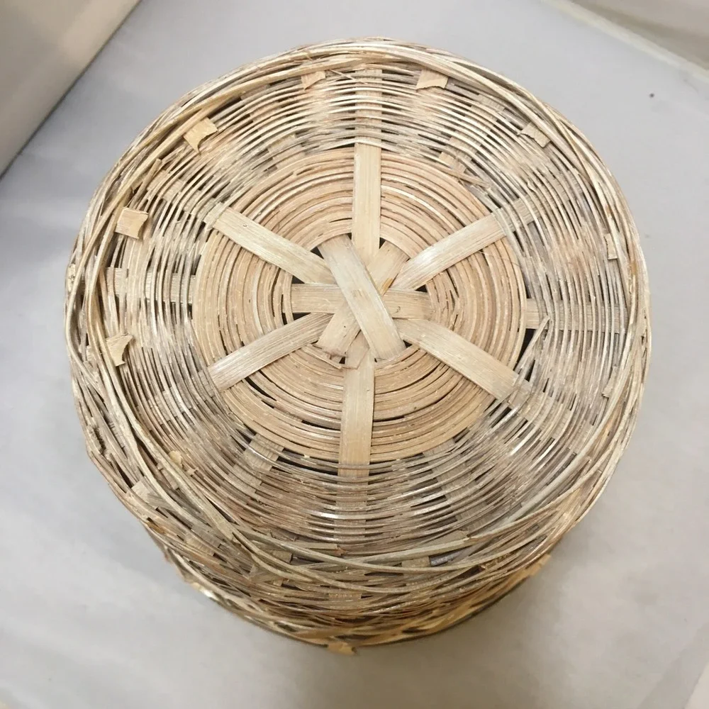 Woven Wicker Basket Small Tan Whitewashed Round Boho Decor Coastal Waste Bin